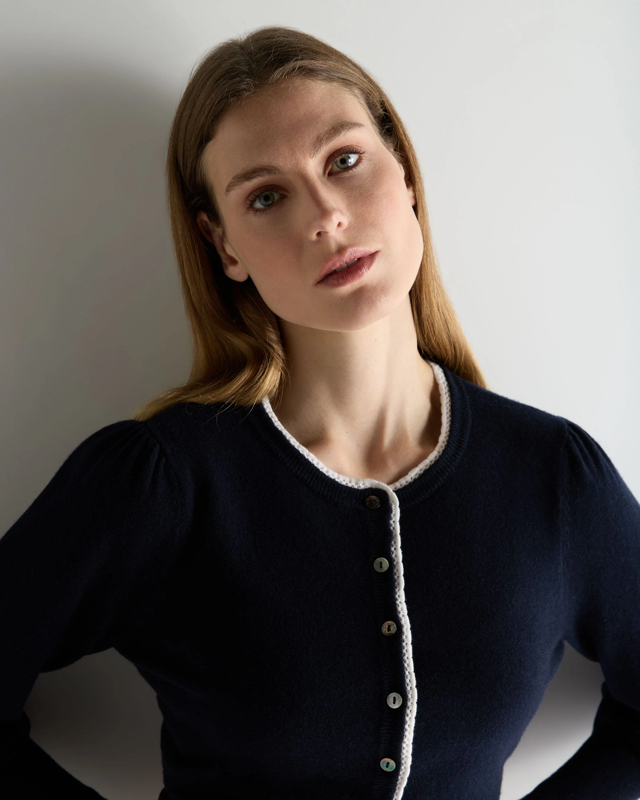 Women's Lace Trim Cashmere Cardigan Navy Blue - Image 5