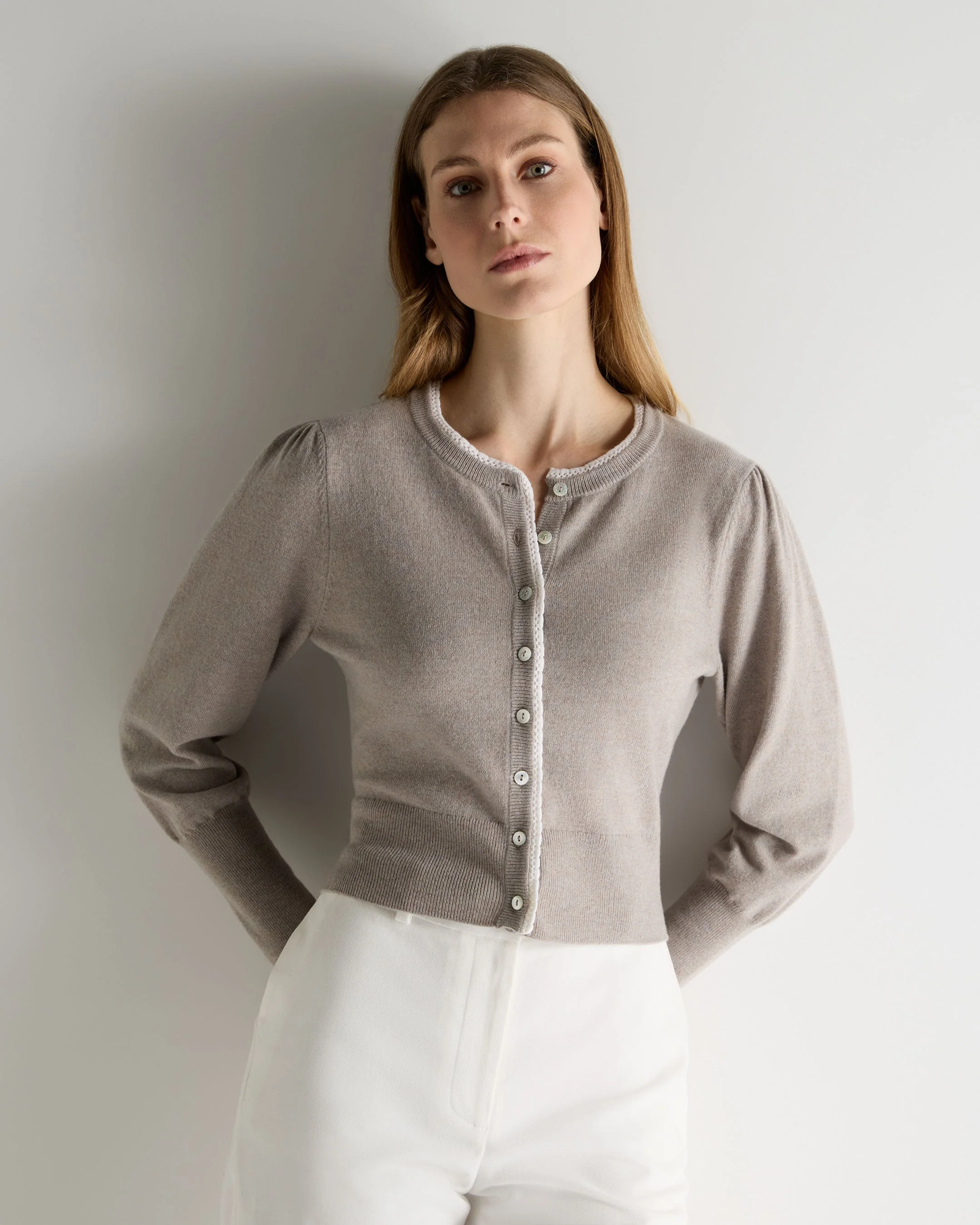 Women's Lace Trim Cashmere Cardigan Oat Grey