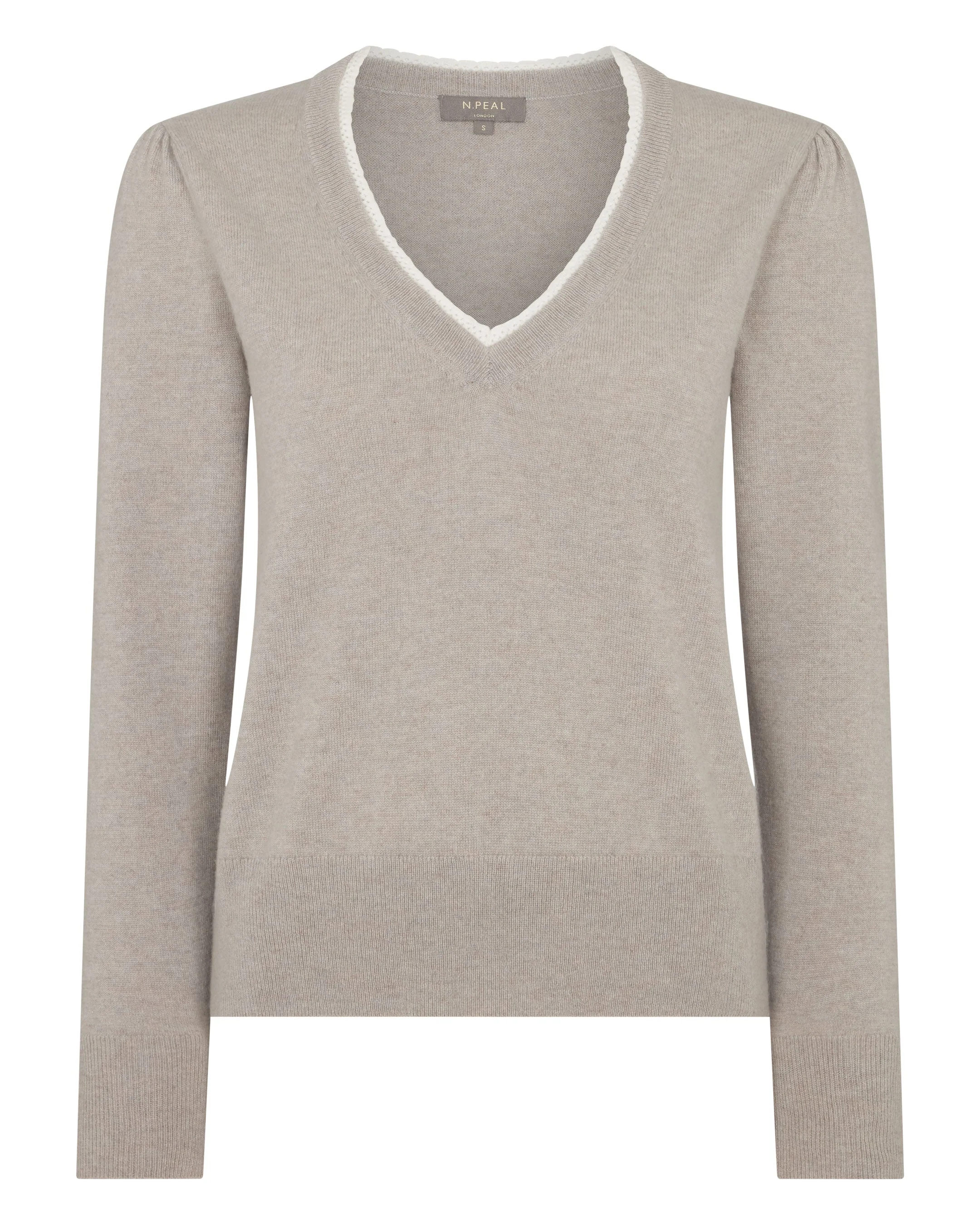 Women's Lace Trim V Neck Cashmere Sweater Oat Grey - Image 2