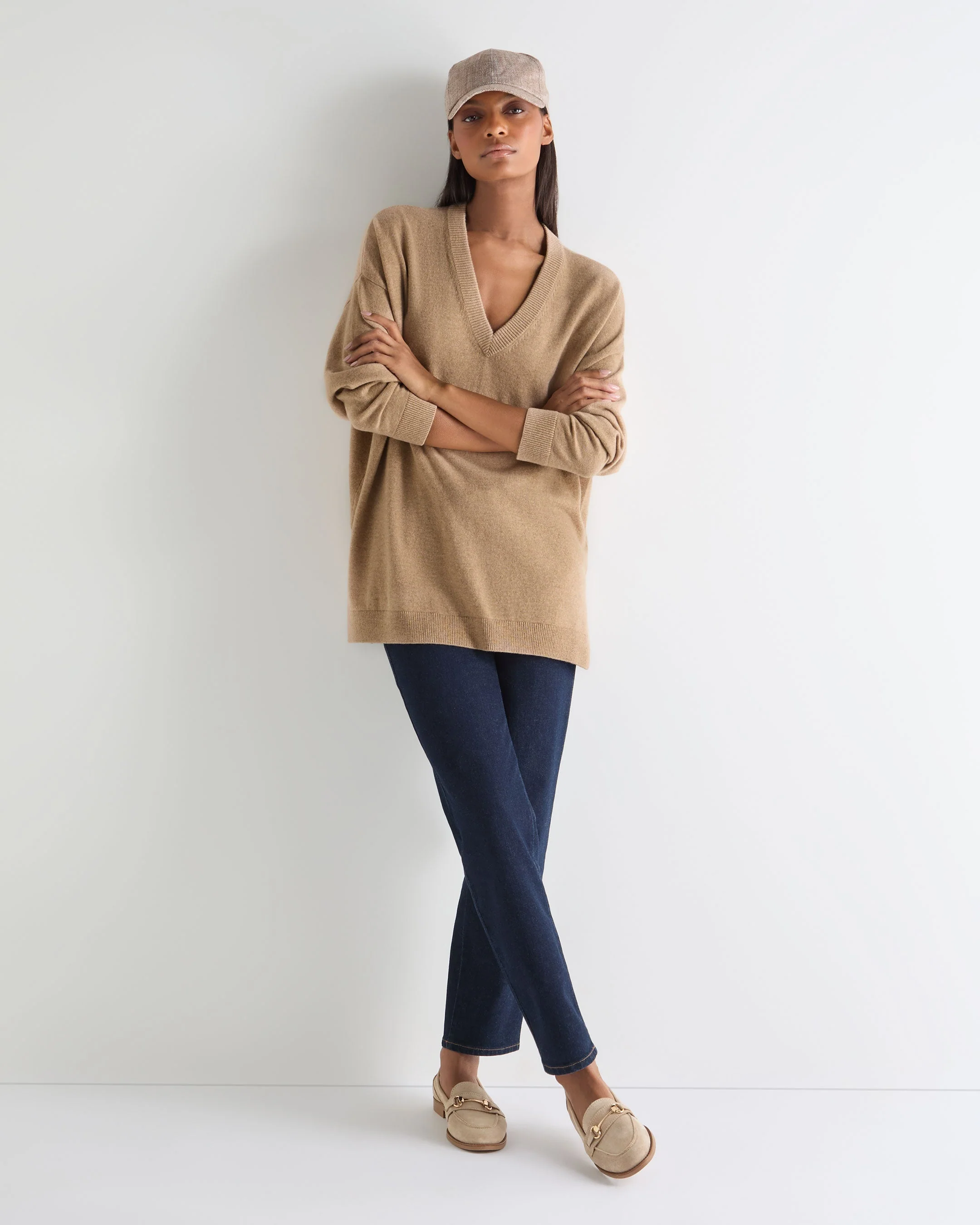 Women's Longline V Neck Cashmere Sweater Cappuccino Brown - Image 3