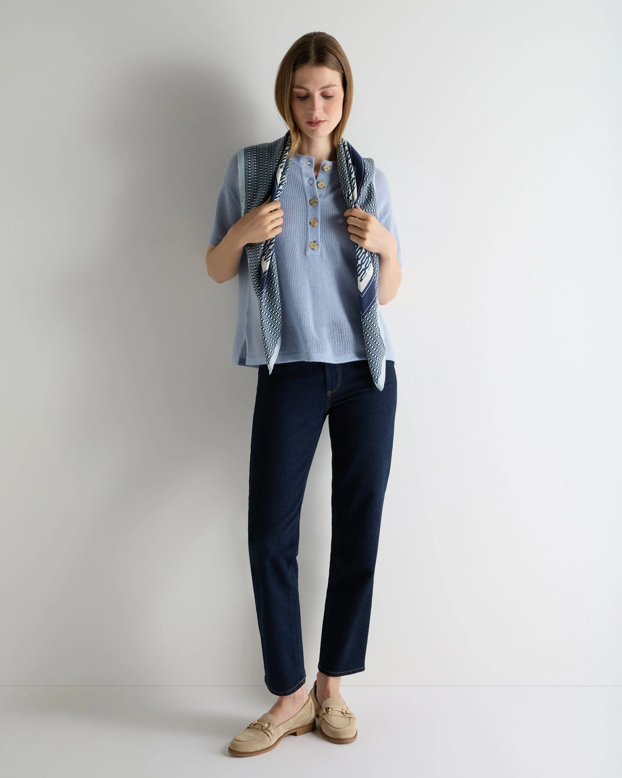 Women's Open Stitch Cashmere Top Sea Mist Blue - Image 3