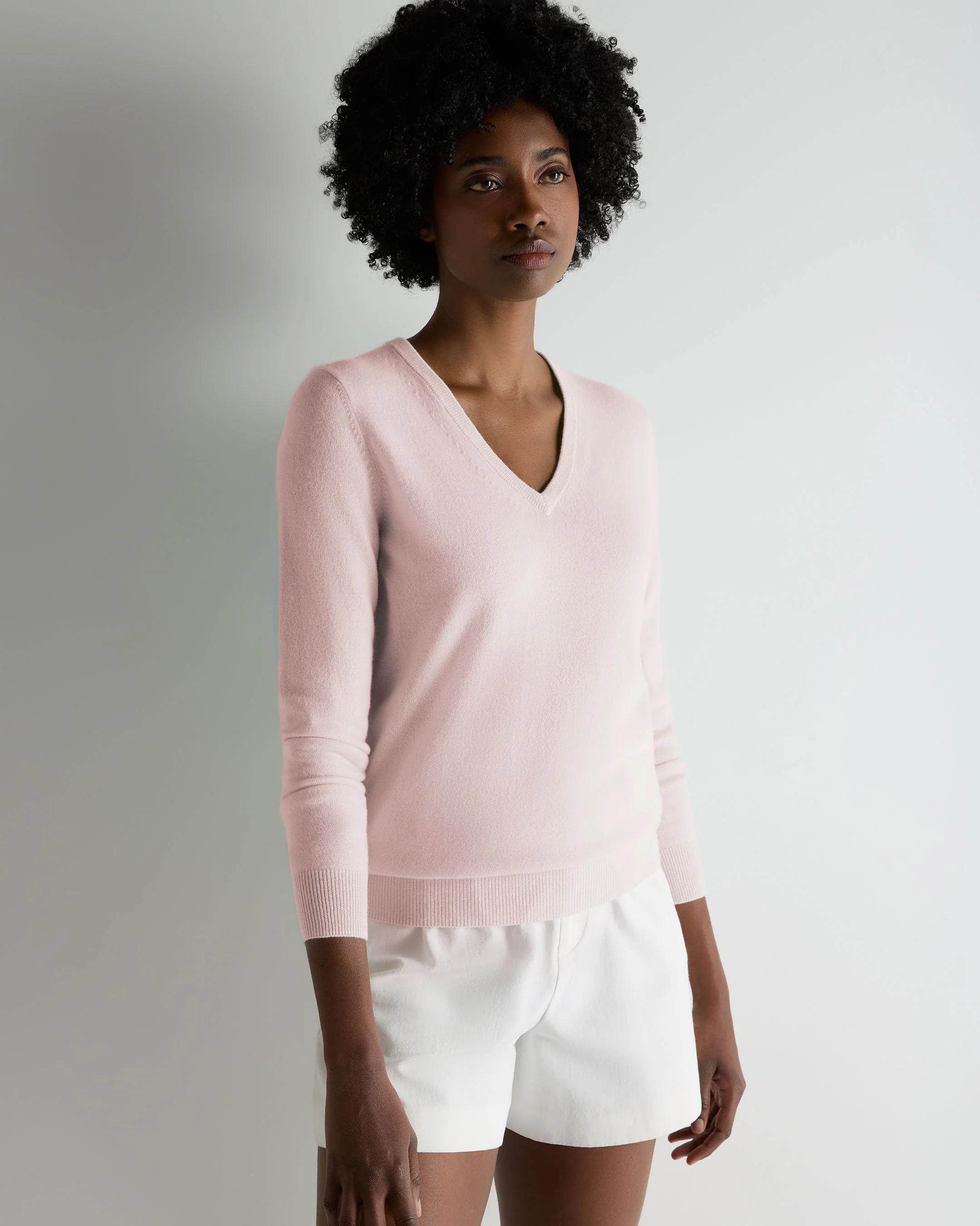 Women's Phoebe V Neck Cashmere Sweater Powder Pink