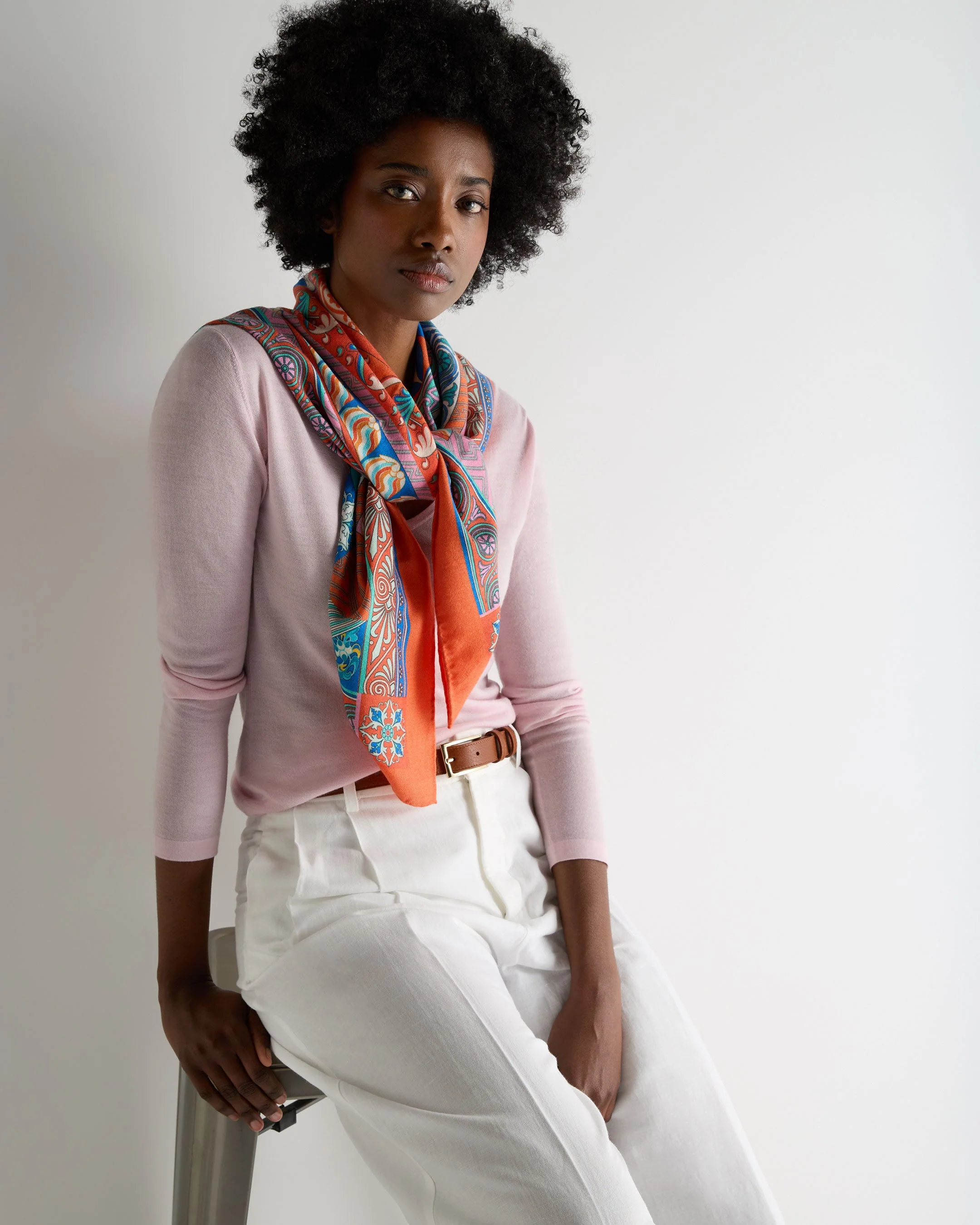 Women's Printed Silk Blend Foulard Orange - Image 3