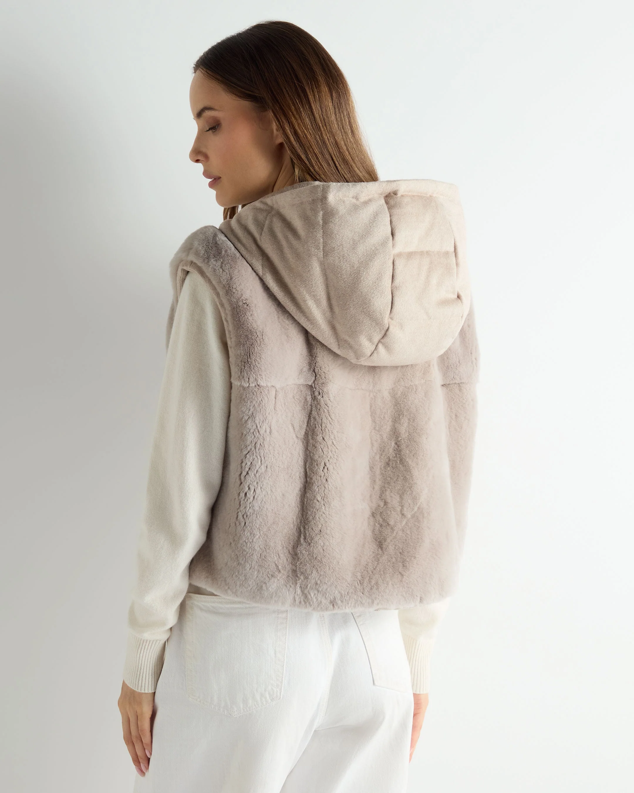 Women's Rex Fur Hooded Gilet Beige Brown - Image 4