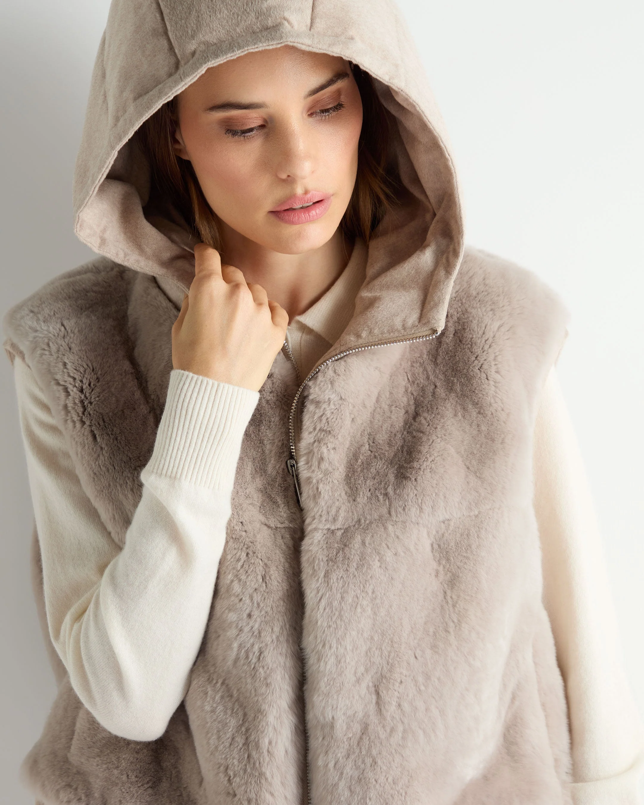 Women's Rex Fur Hooded Gilet Beige Brown - Image 5