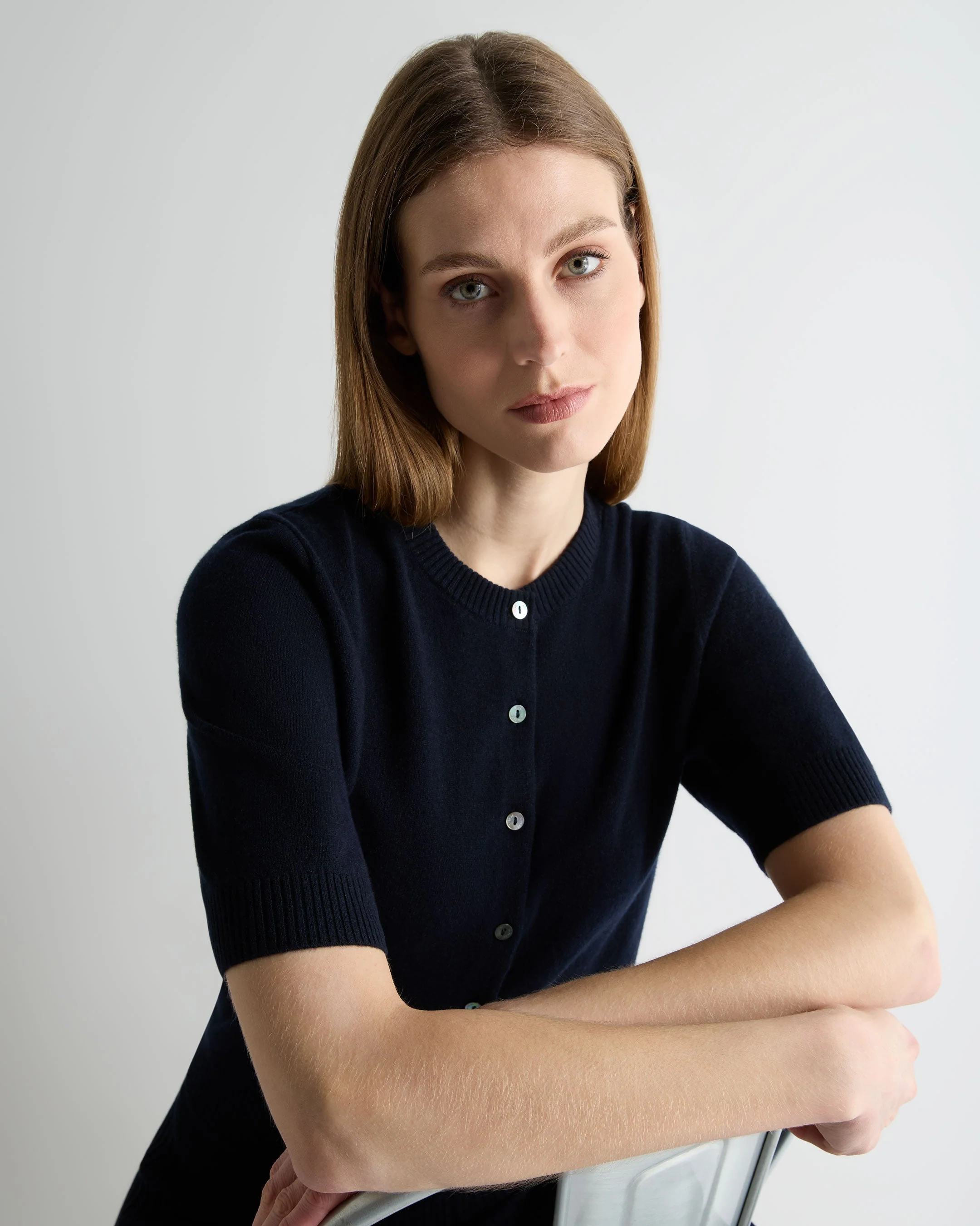 Women's Short Sleeve Cashmere Cardigan Navy Blue - Image 5