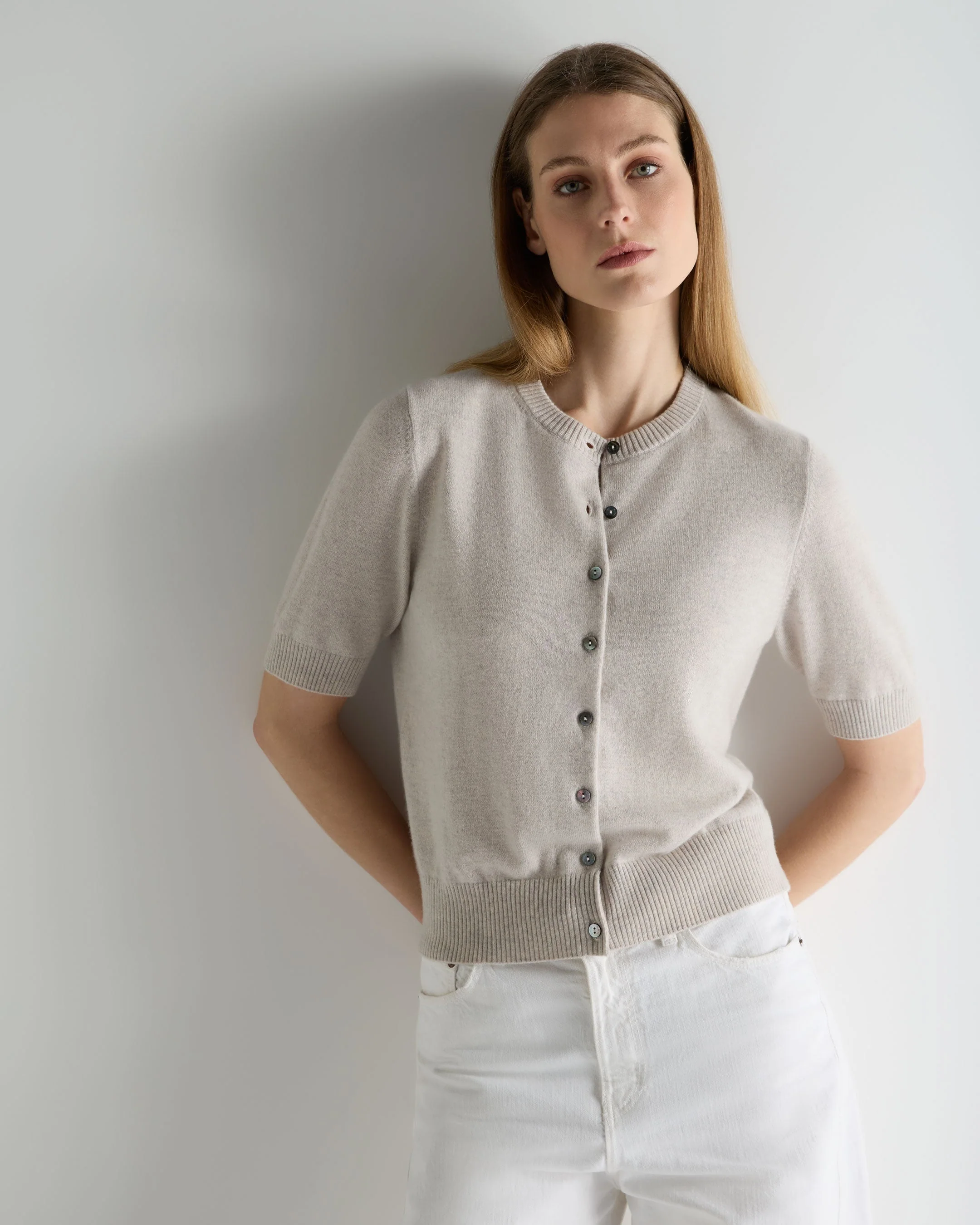 Women's Short Sleeve Cashmere Cardigan Pebble Grey