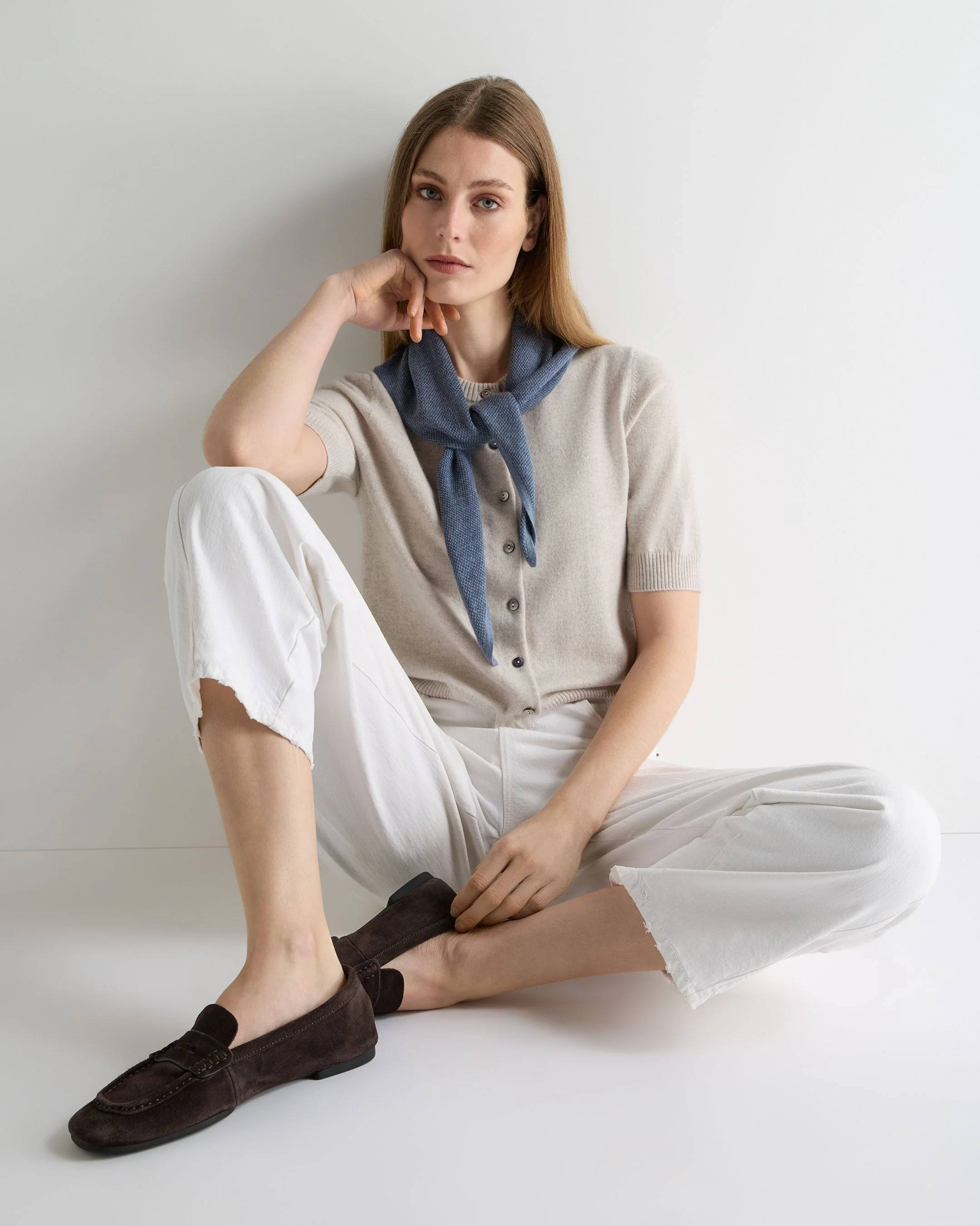 Women's Short Sleeve Cashmere Cardigan Pebble Grey - Image 3