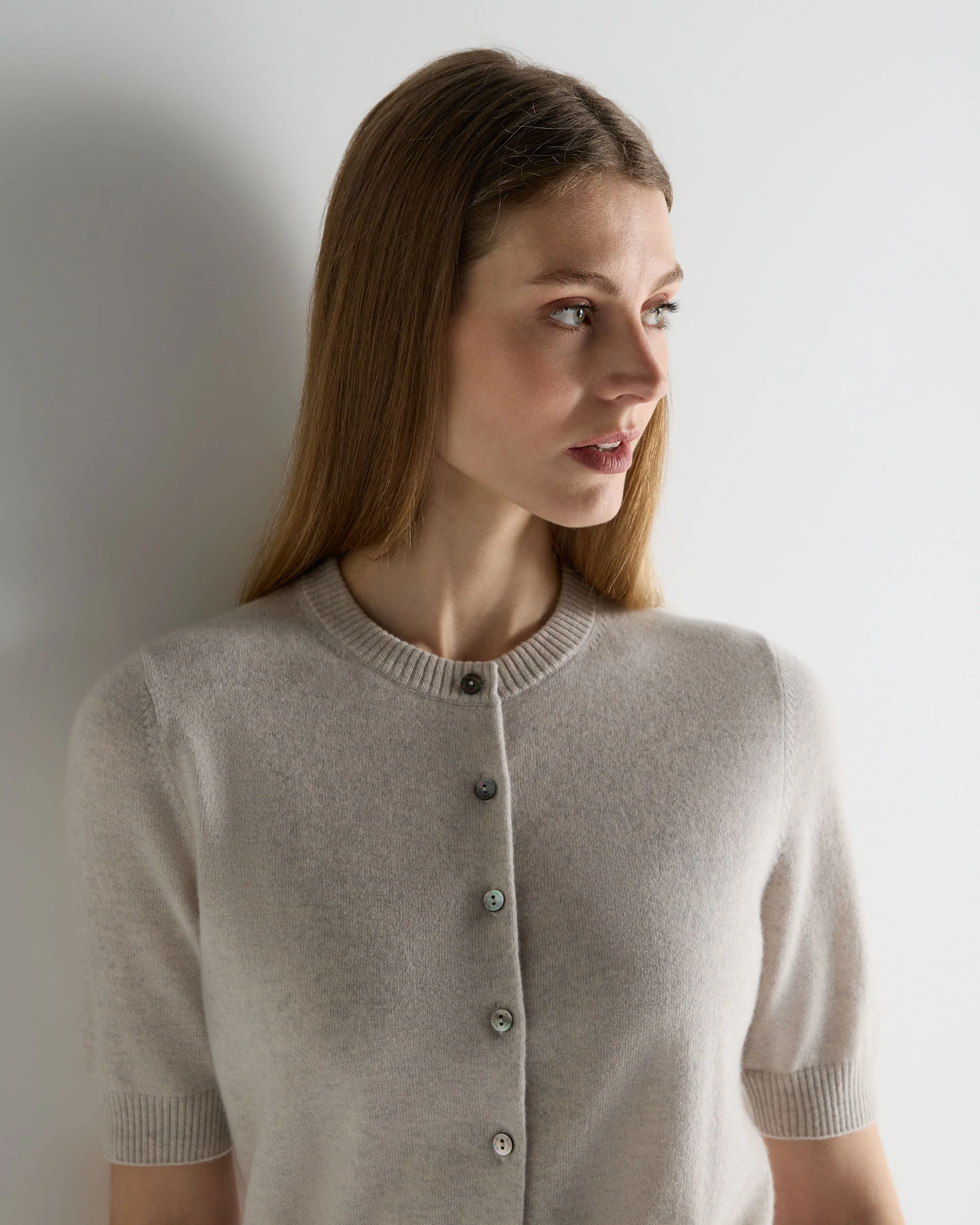 Women's Short Sleeve Cashmere Cardigan Pebble Grey - Image 5