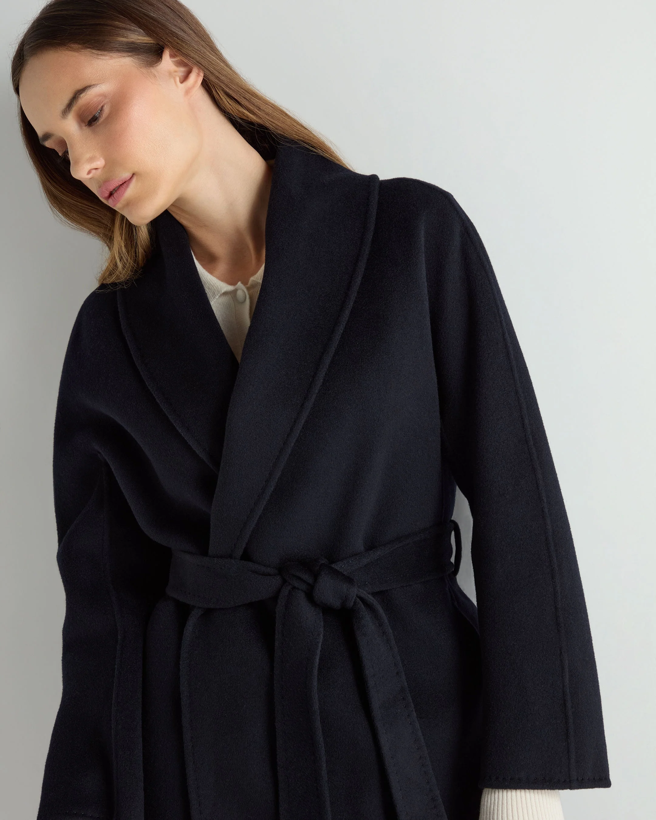 Women's Short Wool Cashmere Coat Dark Navy Blue - Image 5