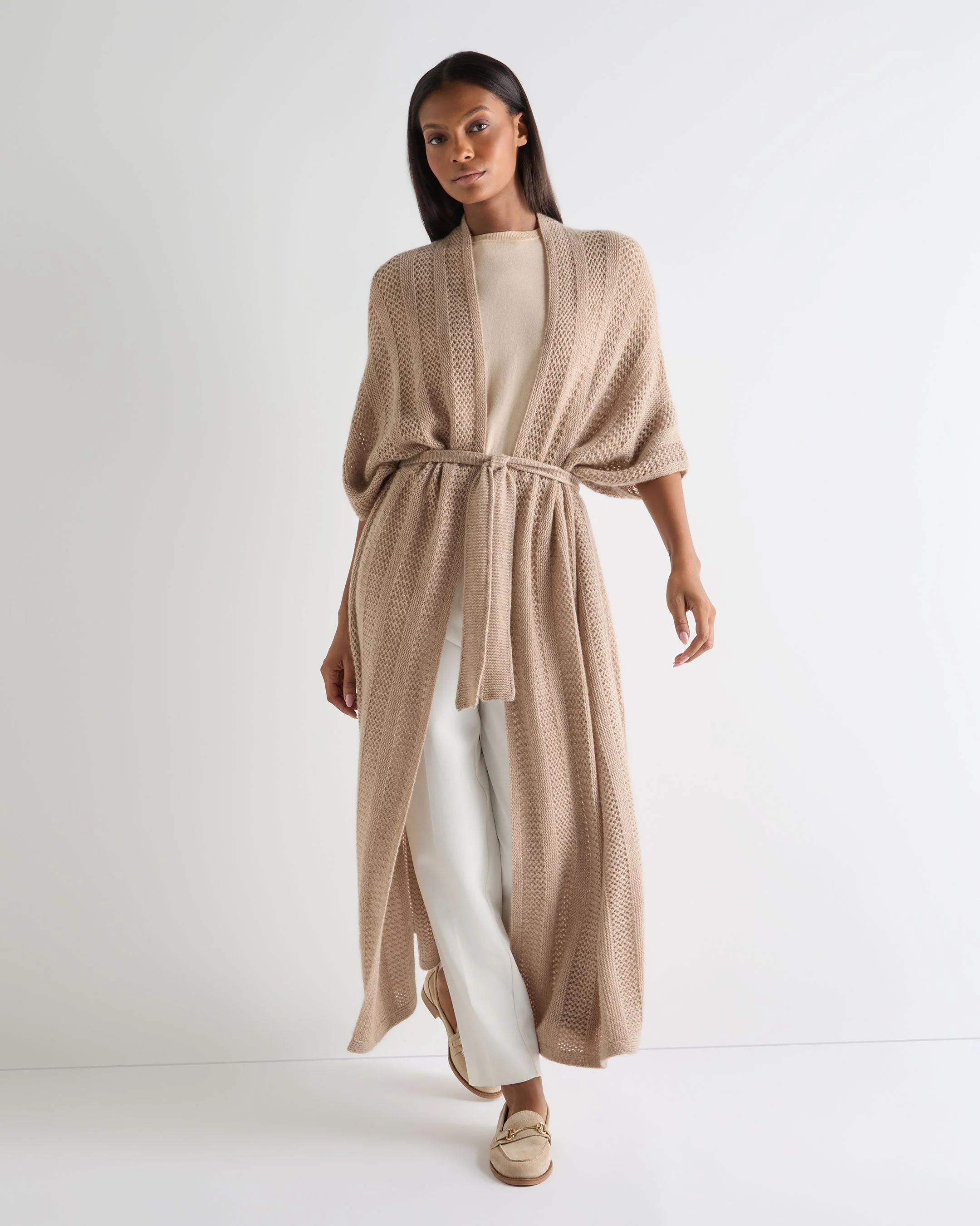 Women's Siren Open Stitch Cashmere Cardigan Tan Brown Sparkle
