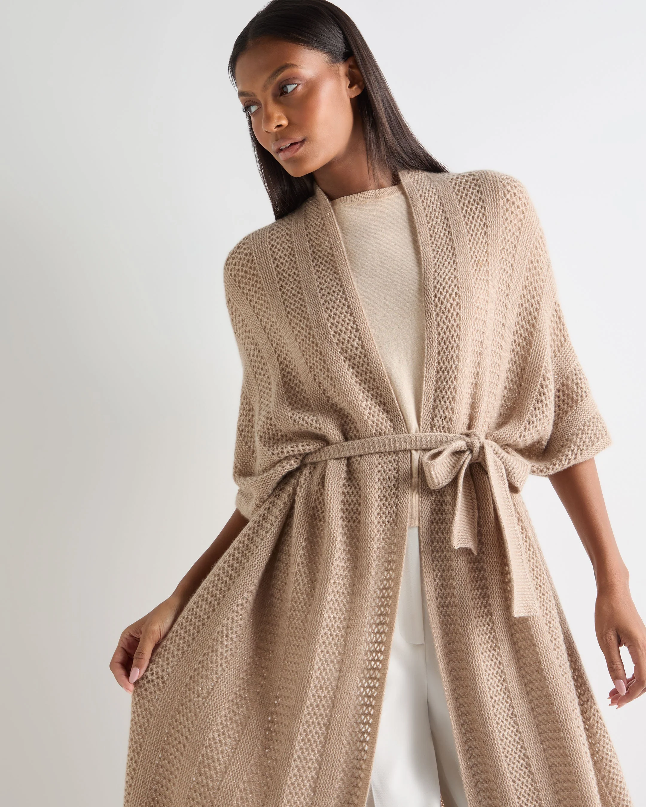 Women's Siren Open Stitch Cashmere Cardigan Tan Brown Sparkle - Image 5