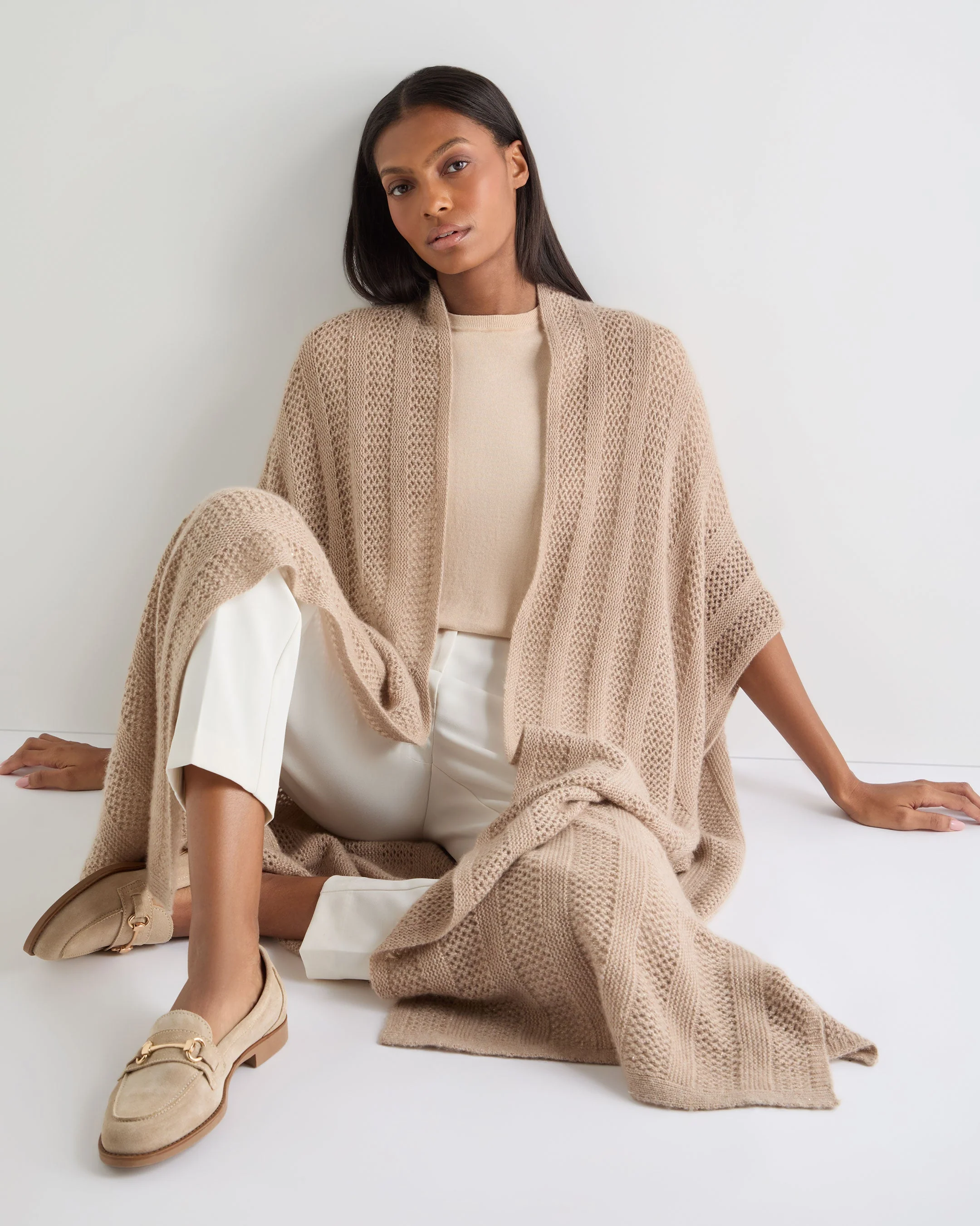Women's Siren Open Stitch Cashmere Cardigan Tan Brown Sparkle - Image 9