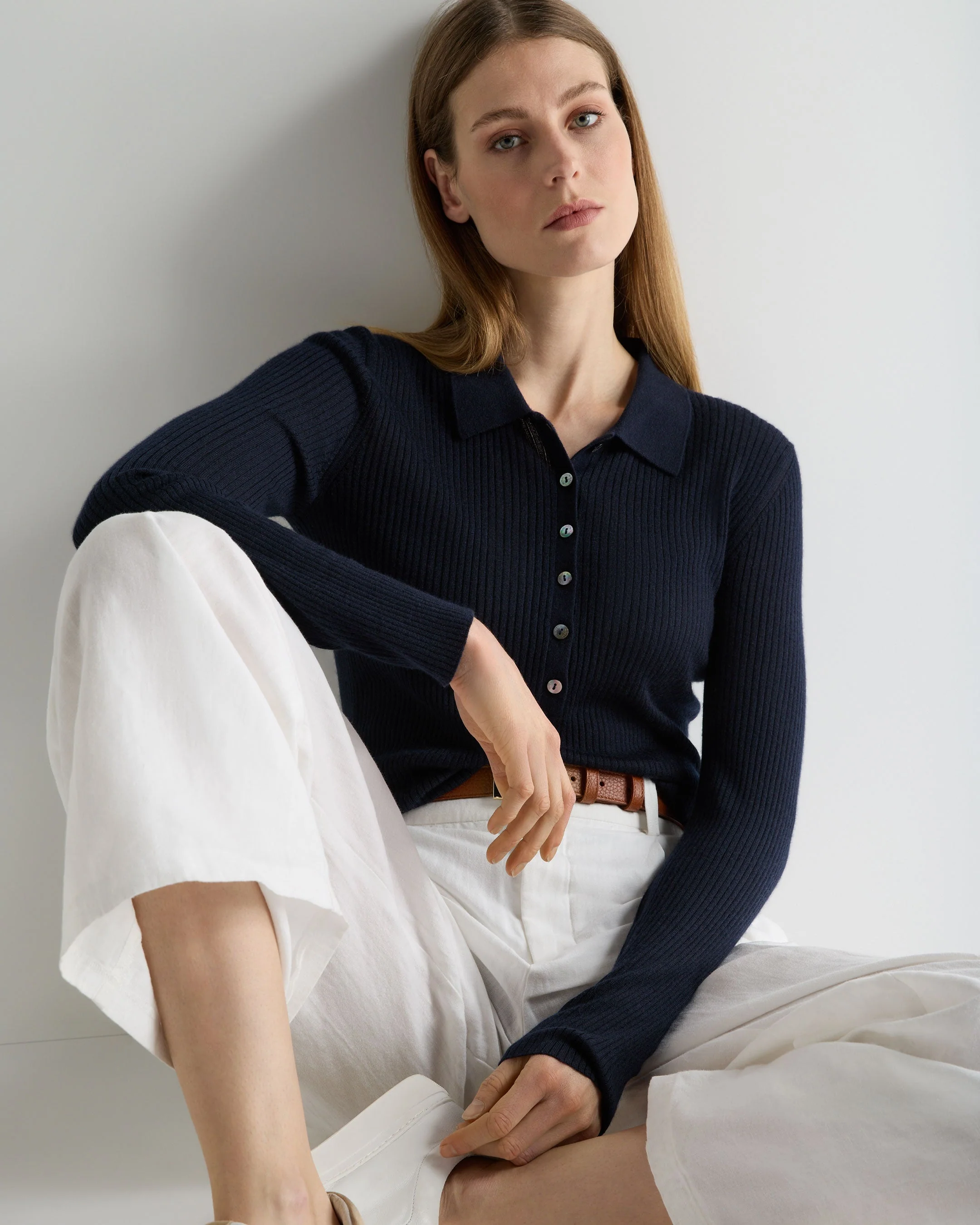 Women's Superfine Cashmere Ribbed Polo Top Navy Blue
