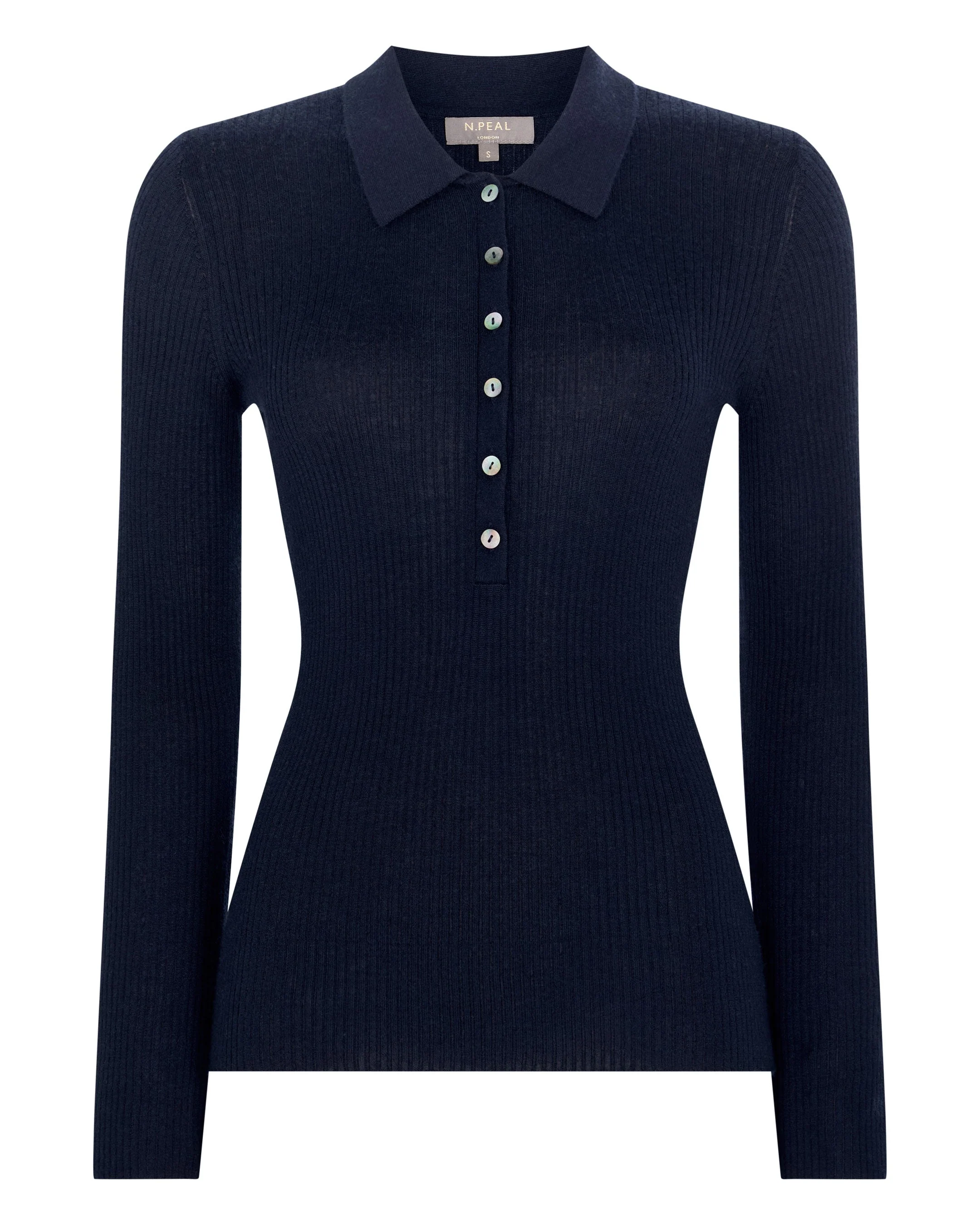 Women's Superfine Cashmere Ribbed Polo Top Navy Blue - Image 2