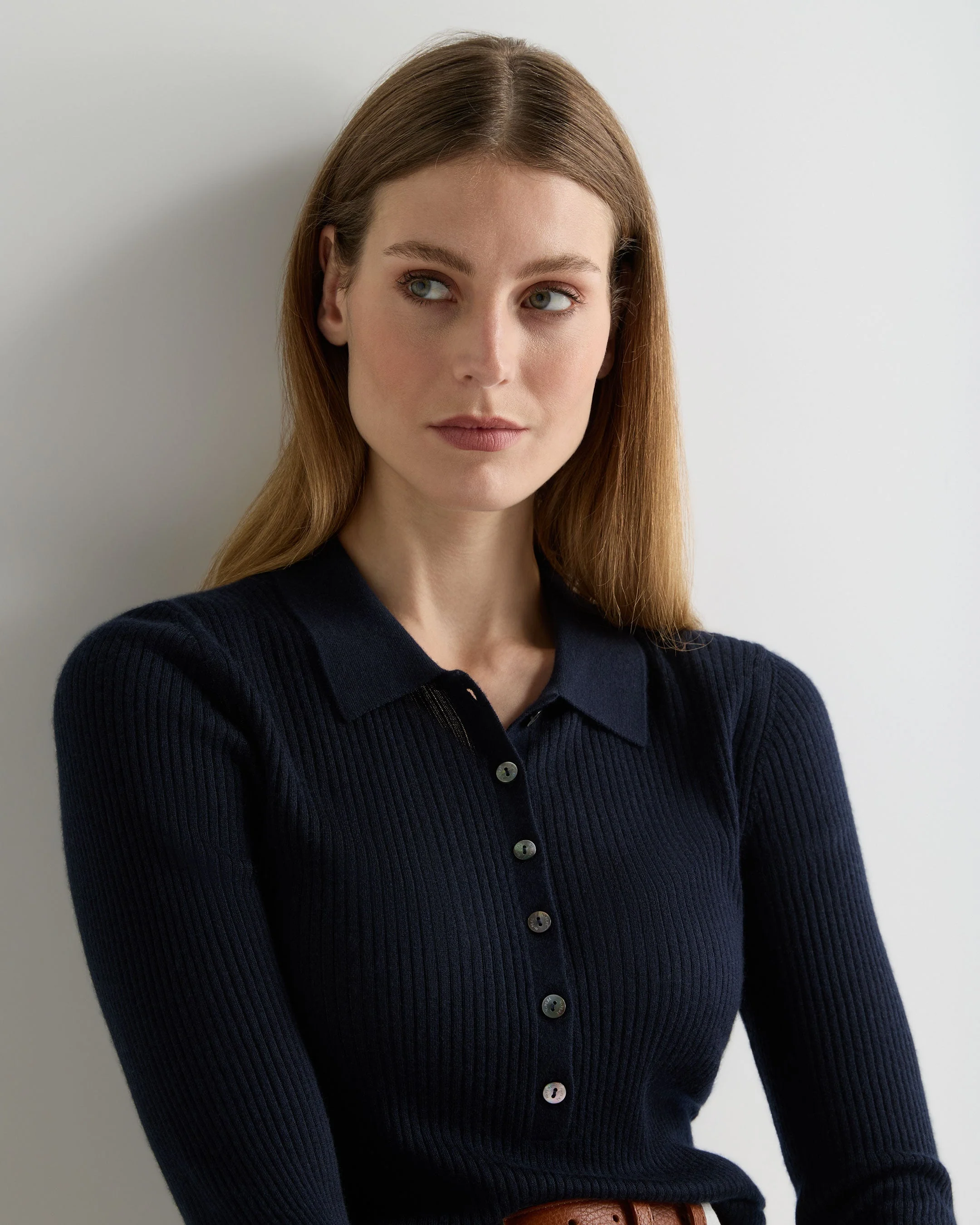 Women's Superfine Cashmere Ribbed Polo Top Navy Blue - Image 5