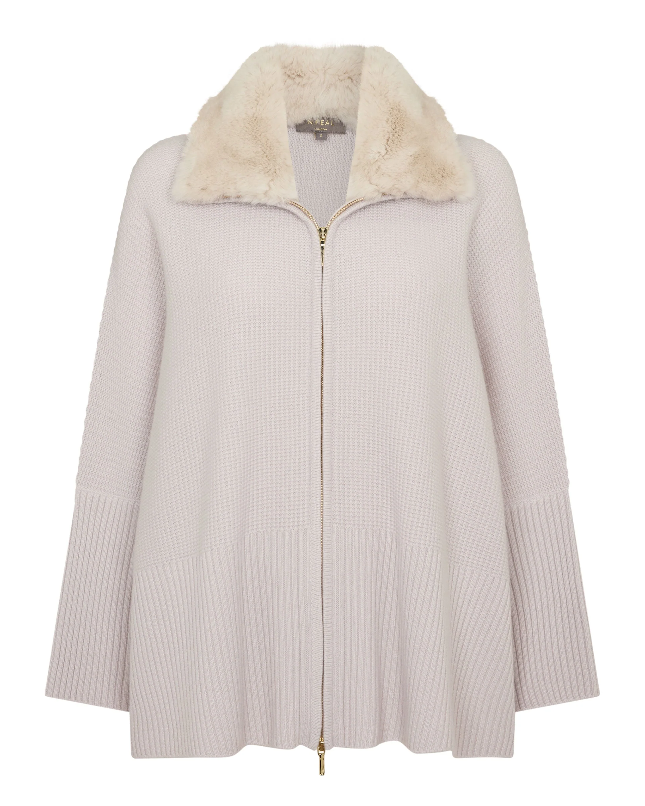 Women's Textured Zip Through Cashmere Poncho With Fur Snow Grey - Image 2