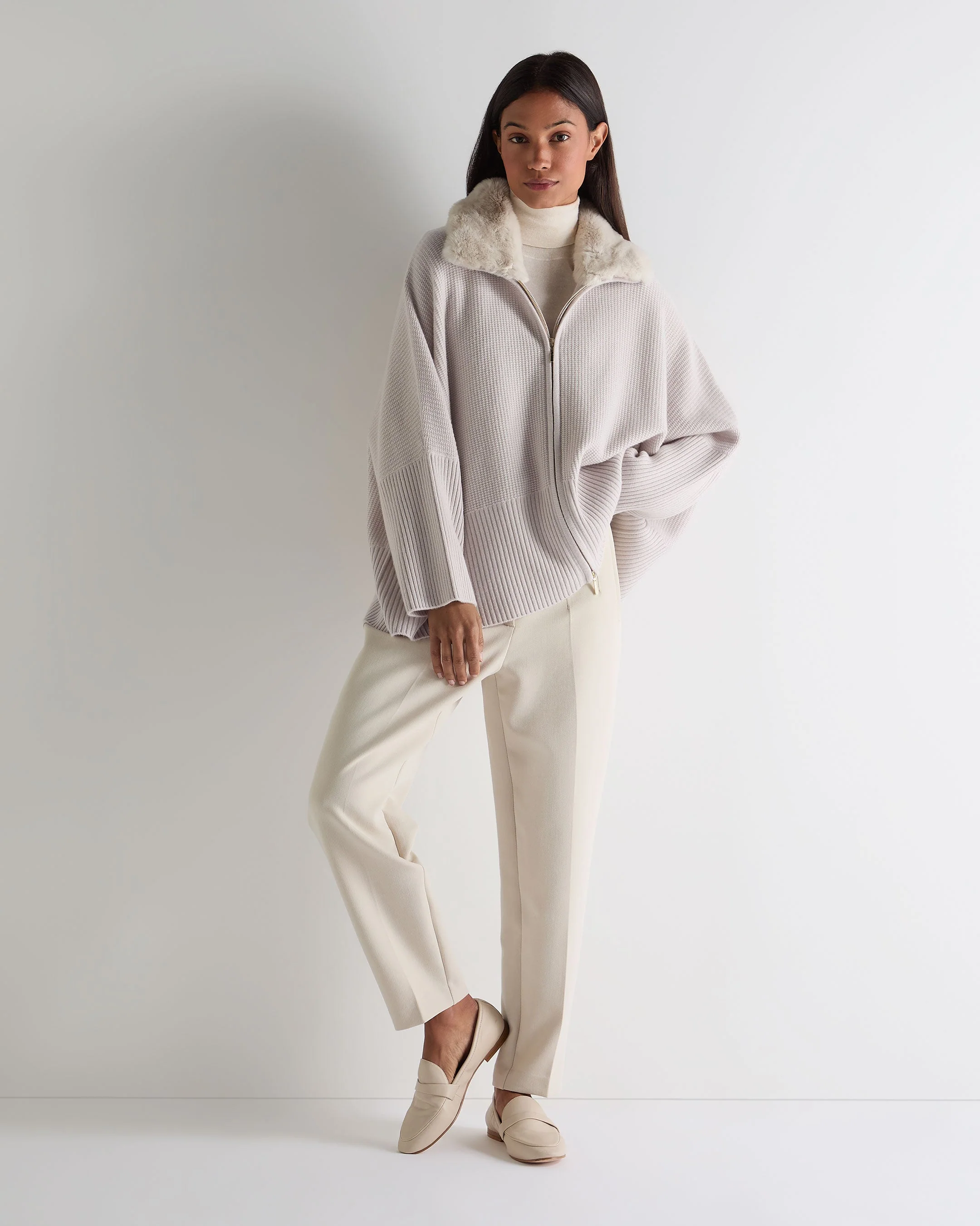 Women's Textured Zip Through Cashmere Poncho With Fur Snow Grey - Image 3