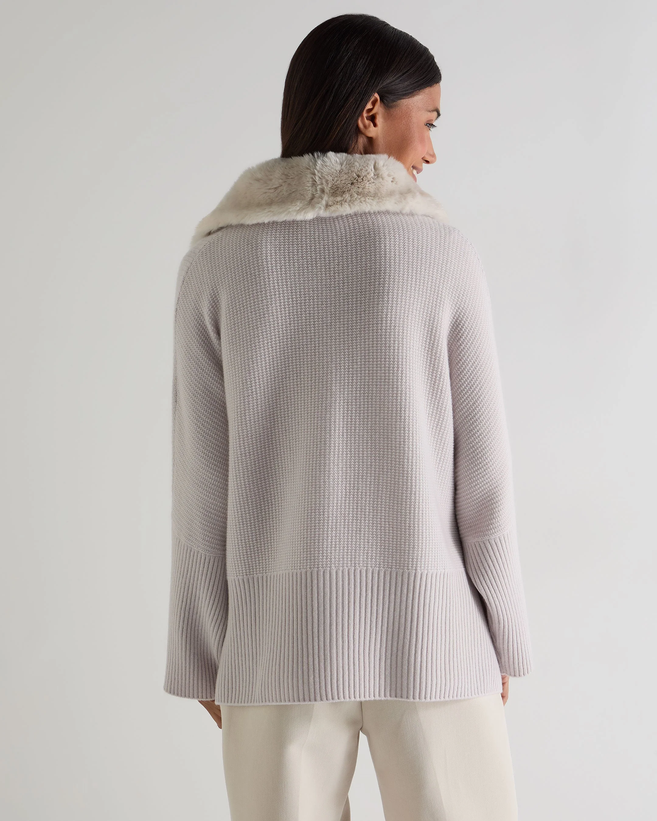 Women's Textured Zip Through Cashmere Poncho With Fur Snow Grey - Image 4