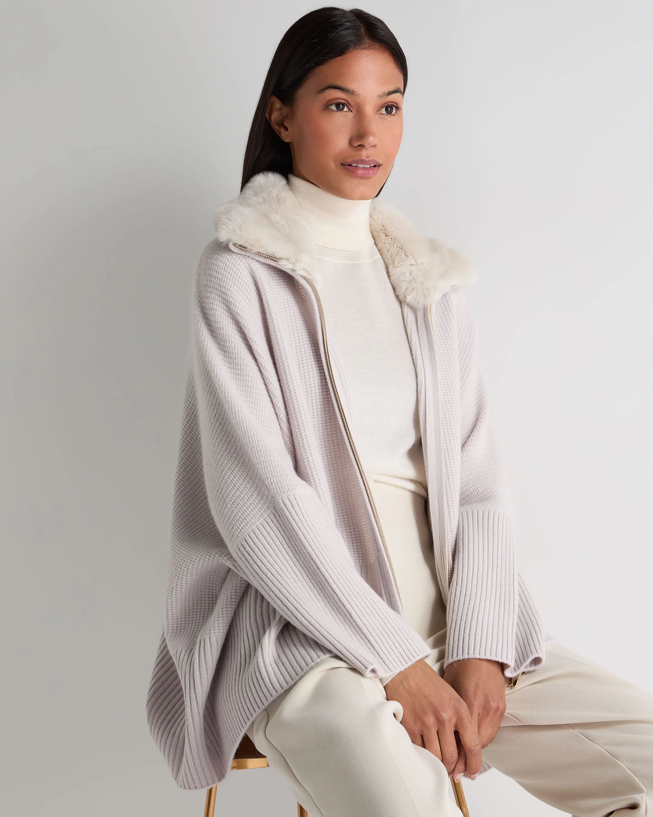 Women's Textured Zip Through Cashmere Poncho With Fur Snow Grey - Image 6