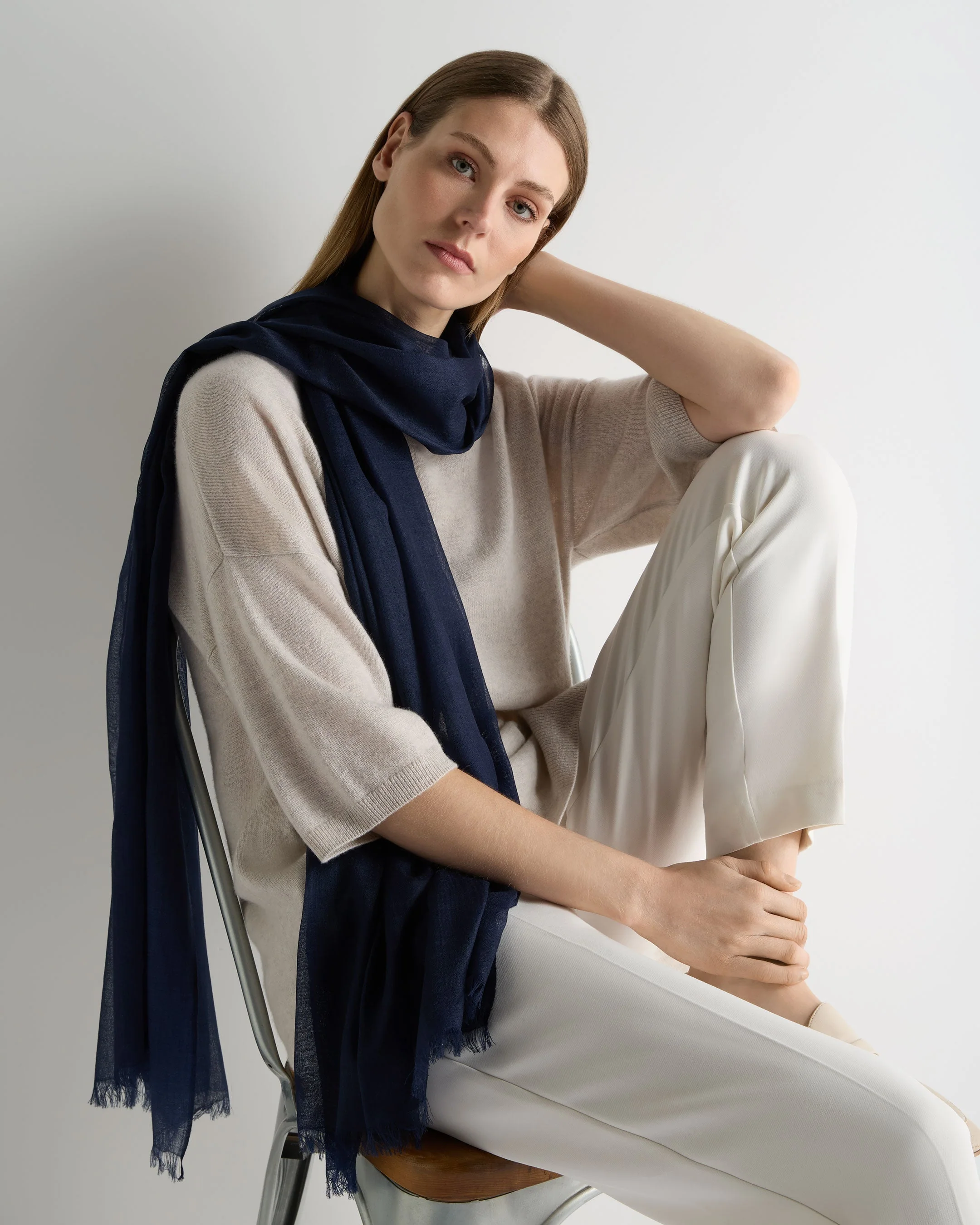 Women's Ultrafine Pashmina Cashmere Shawl Deep French Blue - Image 3