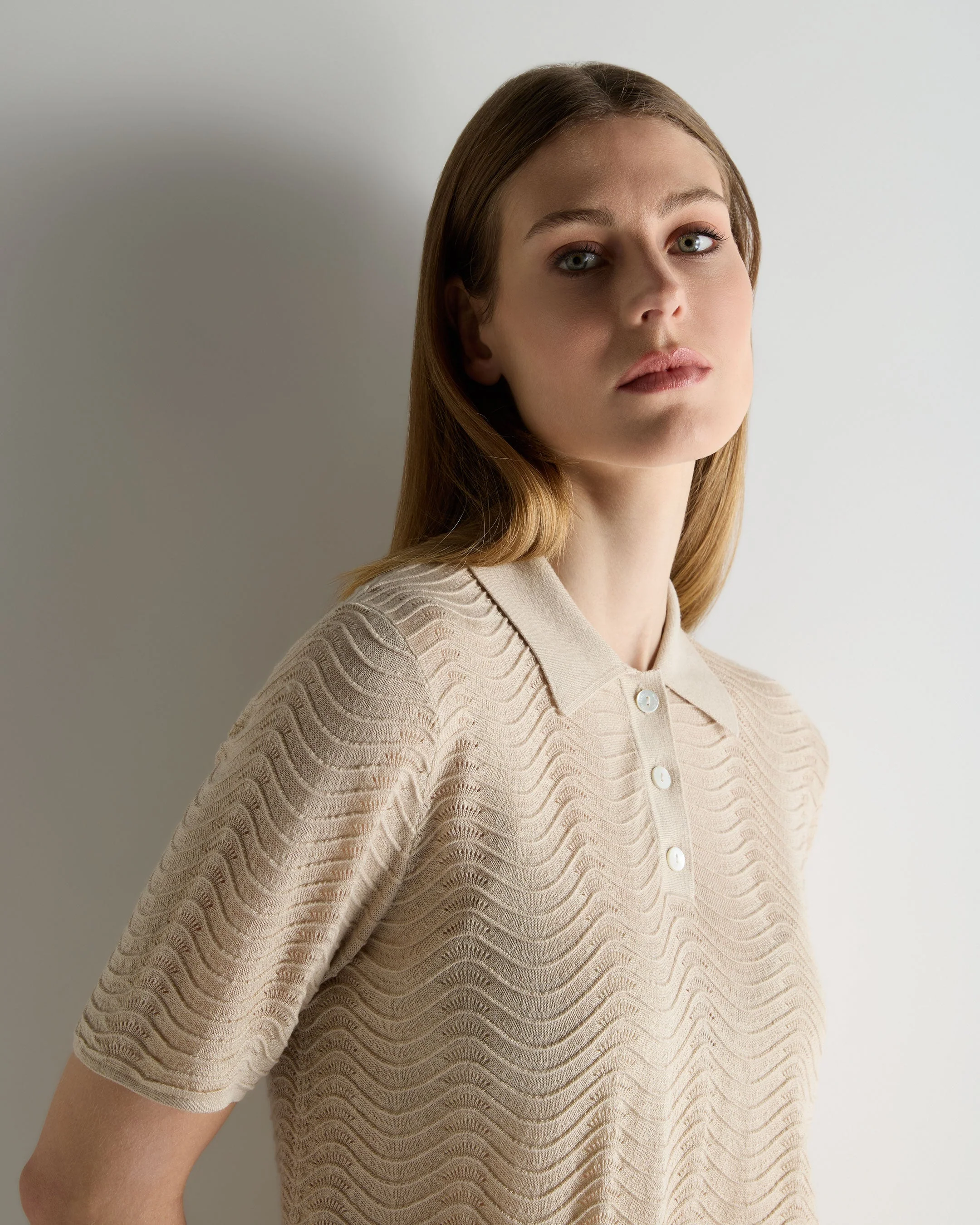 Women's Waverly Silk Cashmere Polo Top Sandstone Brown - Image 5