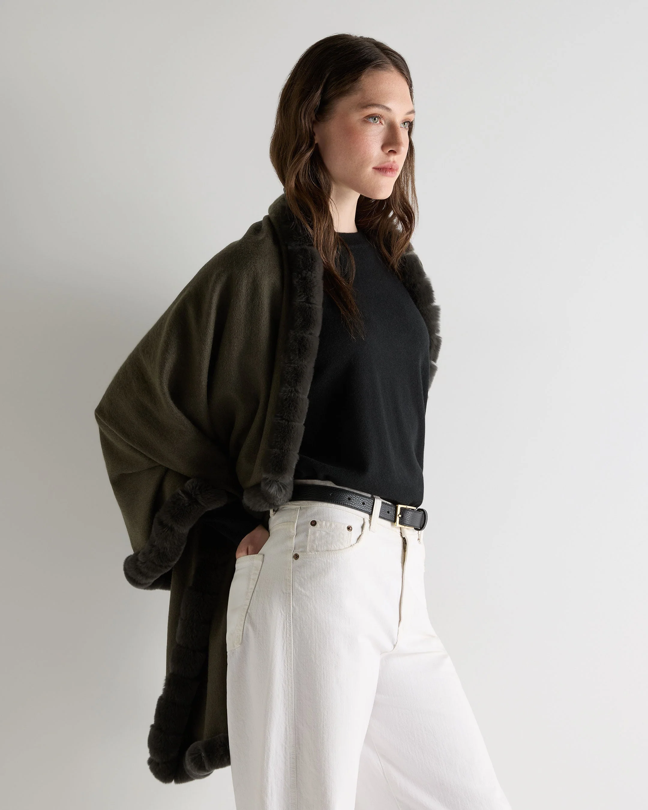 Women's Meribel Woven Fur Trim Cashmere Shawl Arabica Khaki Green - Image 3
